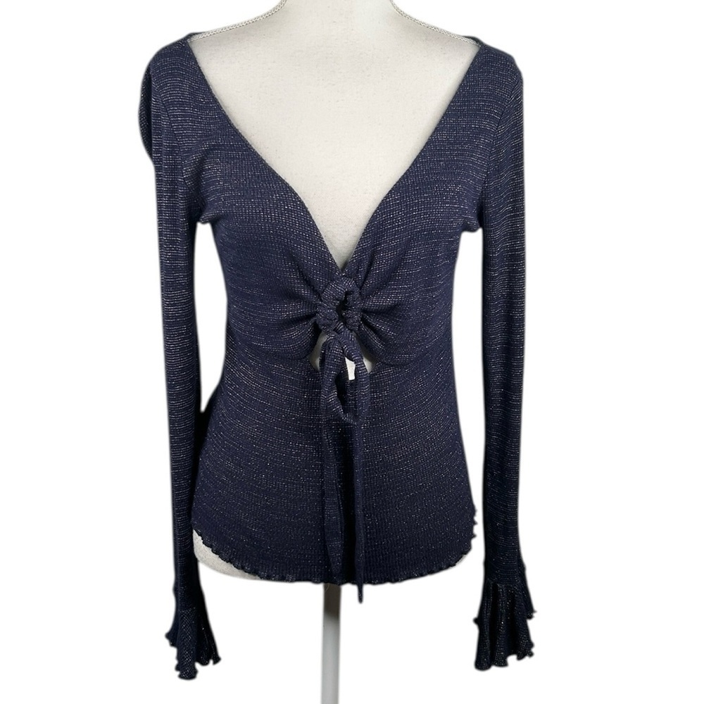 Free People Intimately Free Blue Gold Metallic Boho V-Neck Top Size Large‎